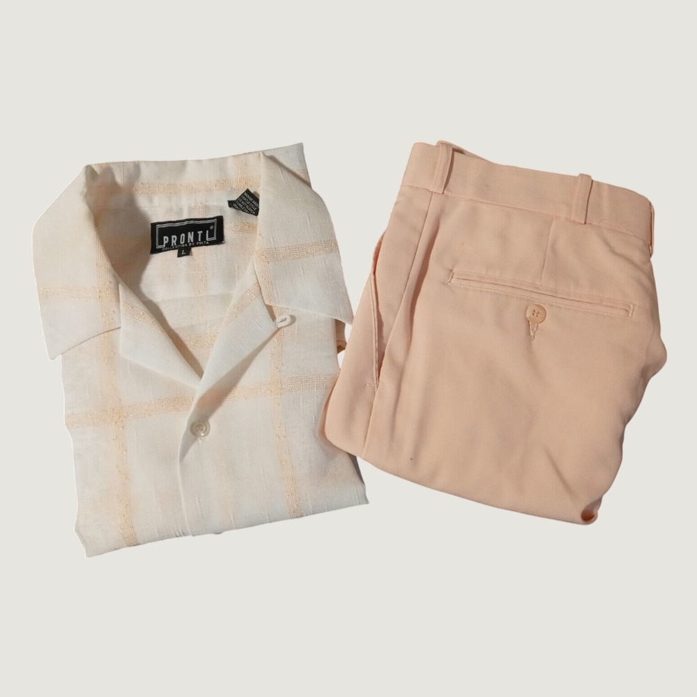 Pronti 2 Piece Set Mens Large Peach Plaid Shirt Pants Vintage Resort Minimalist